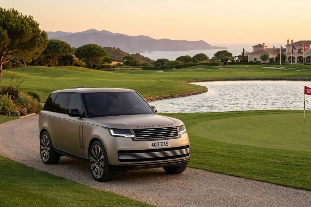 SUV de lujo color champagne estacionado frente a un campo de golf y costa marina - Prestige Motors Costa del Este.